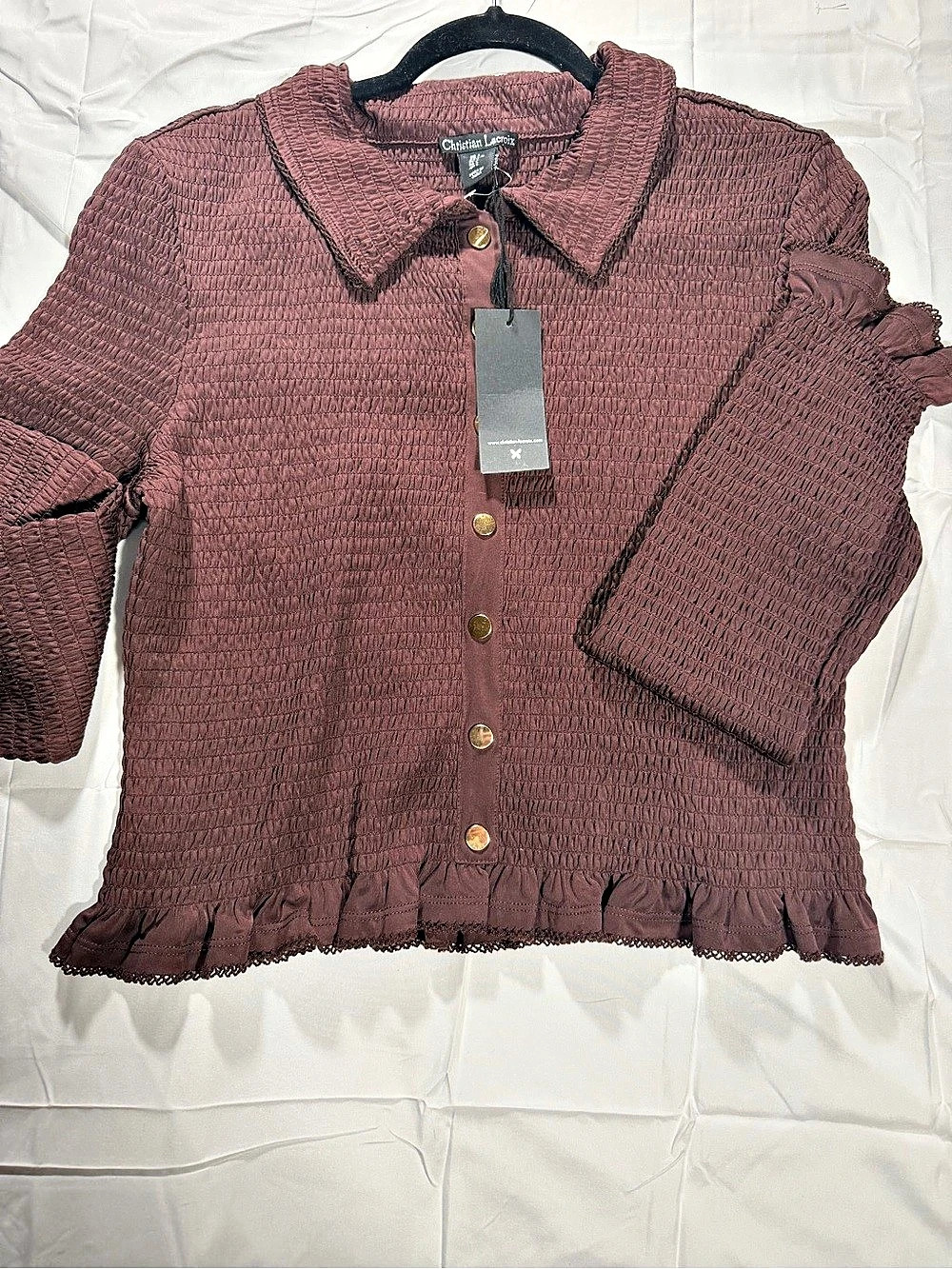 Christian lacroix Smocked Long Sleeve Top in Brown Size Medium NWT